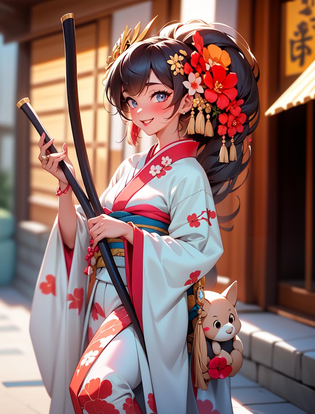  draw a full length geisha in a kimono playing a musical instrument