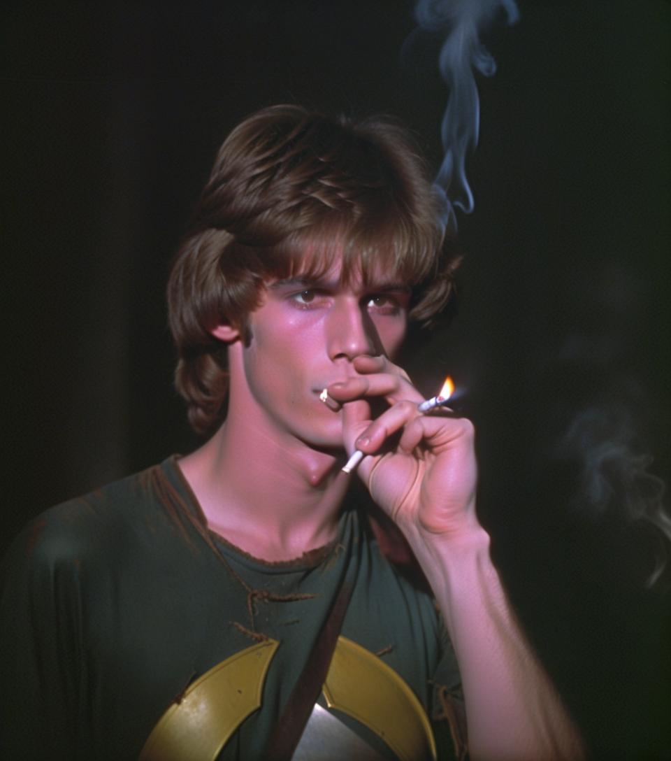  dvd screengrab, smoking young man from 1982 dark fantasy film, "excalibur"