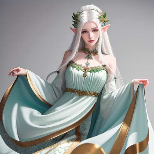  masterpiece, best quality, (masterpiece, best quality, high quality, highres, ultra detailed), realistic,1 sweet , the greater, (side id:1.1), long hair,((white hair)), leaf hair ornament, elf, green eyes, pale skin, bare shoulders, jewelry, white long dress, big s,full body slender, beautiful figure like a chinese and korean model.. ,(detached sleeves:1.1), celet, (looking away:1.2), (hair floating:1.3), from side, (in forest:1.3), (pink flowers:1.1), (falling petals:1.1), (lens flare from right:1.2)