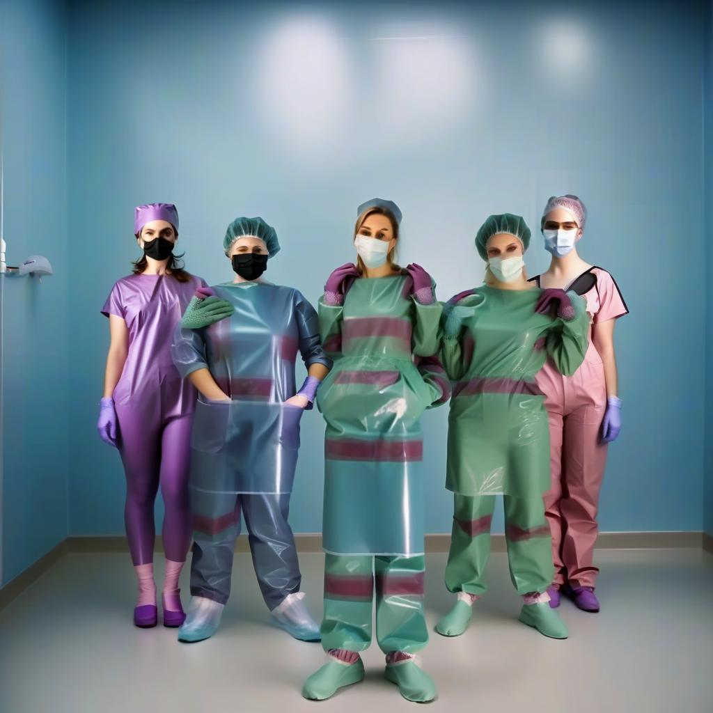  women surgeons, standing, full length, front view, full face, the whole outfit is made of glossy latex, vera, an anesthesiologist, wears a short sleeved coverall made of purple glossy latex, on her head is a surgeon's cap in the color of the coverall, on her face is a surgical mask in the color of the cap, on her feet are sandals in the color of the surgical mask, on her neck is a stethoscope, on her hand is a watch with a second hand, nadezhda, an operating nurse, wears a knee length surgical gown with long sleeves with cuffs and a belt at the waist, on her head is a surgeon's beret, on her face is a surgical mask, on her legs are trousers tucked into high surgical shoe covers, surgical gloves, everything is made of dark green glossy latex