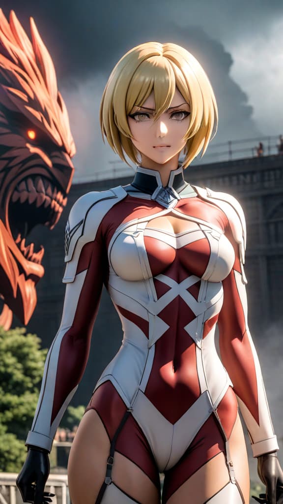  annie leonhart's female titan from attack on titan, 14 meters tall, anime art hyperrealistic, full body, detailed clothing, highly detailed, cinematic lighting, stunningly beautiful, intricate, sharp focus, f/1. 8, 85mm, (centered image composition), (professionally color graded), ((bright soft diffused light)), volumetric fog, trending on instagram, trending on tumblr, HDR 4K, 8K