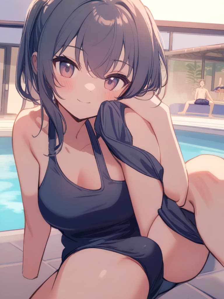  women's elementary students (male), twin tails, cute smiles, (rich s), low stature, dark blue swimwear, old swimwear, , simple (upward), male , (bulge), shaped clear , front , whole body, pool side,