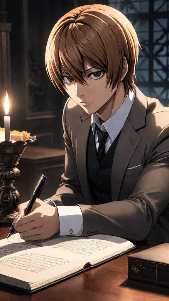  light yagami from death note holding the death note with a shadowy figure in the background, anime art hyperrealistic, full body, detailed clothing, highly detailed, cinematic lighting, stunningly beautiful, intricate, sharp focus, f/1. 8, 85mm, (centered image composition), (professionally color graded), ((bright soft diffused light)), volumetric fog, trending on instagram, trending on tumblr, HDR 4K, 8K