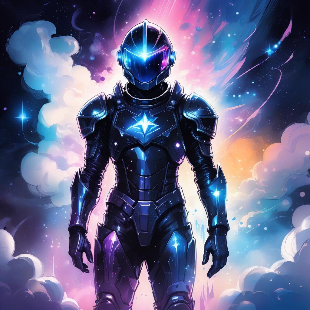  (ink sketch:1.2), (art by style of ross tran:1.4), space knight male in black spacesuit armor standing next to spaceship, traditional media, watercolor, fantasy illustration, soft colors, final fantasy, the knight of star, beautiful mysterious clouds, in a magical world, illuminated by a silvery glow. on a dark background of complex texture: stars, silver dust, abstract electric sparks, neon flashes and mystical glow. high contrast of the drawing and background. surrealism, fantasy with elements of modernity. high detail, high quality, 8k