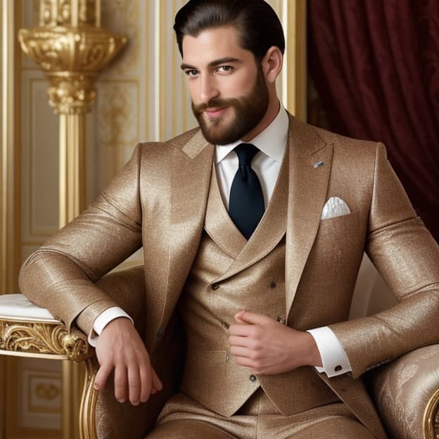  a regal man exuding elegance and authority, dressed in an impeccably tailored suit made from luxurious armani fabric, showcasing the distinctive branding subtly integrated into the cloth. his attire is a deep royal blue with intricate gold embroidery, reflecting opulence and sophistication. the setting is an ornate palace with grand chandeliers and opulent decor. the man stands confidently, arms crossed, with a charismatic smile and a well groomed beard, embodying modern royalty. the lighting is soft and warm, highlighting the textures of the fabric and details of the suit.