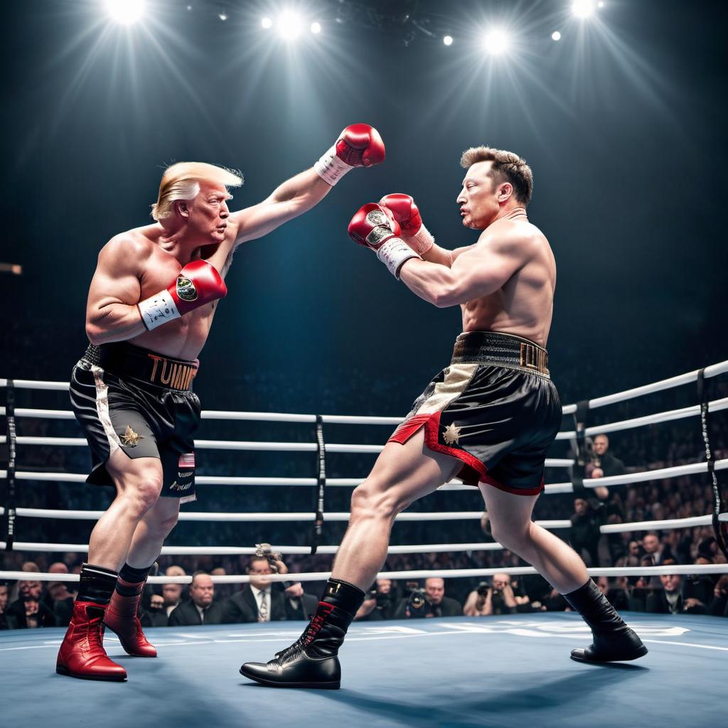  trump vs elon musk in the ring  hyperrealistic, full body, detailed clothing, highly detailed, cinematic lighting, stunningly beautiful, intricate, sharp focus, f/1. 8, 85mm, (centered image composition), (professionally color graded), ((bright soft diffused light)), volumetric fog, trending on instagram, trending on tumblr, HDR 4K, 8K