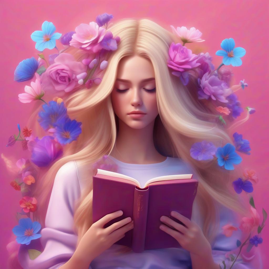  art of fantasy girl with flowers inside her head like her thoughts and growing from her long very thick blondy hair, hair fluttering in the wind with a book with flowers in her hands, covering a half of her face she covers her face with a book pink and blue and purple colors on the background cartoon style 3d, hq, 4k for modern mobile app