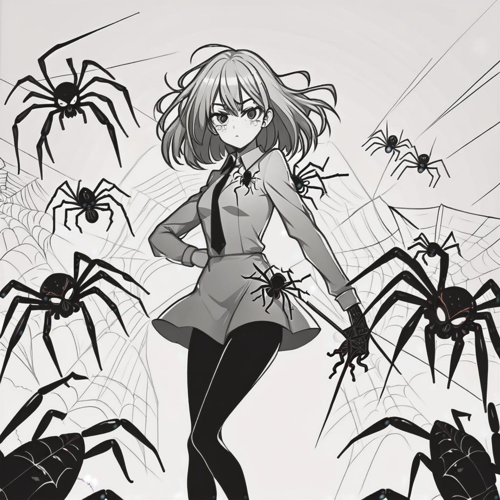  line art drawing girl with spiders, battle stance, same nightmare. anime style . professional, sleek, modern, minimalist, graphic, line art, vector graphics