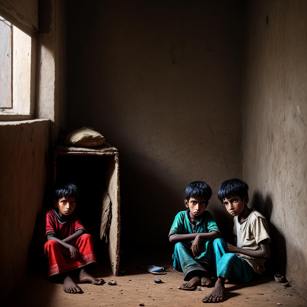 an image of one poor child sitting in his home. the focus of image should be from front.