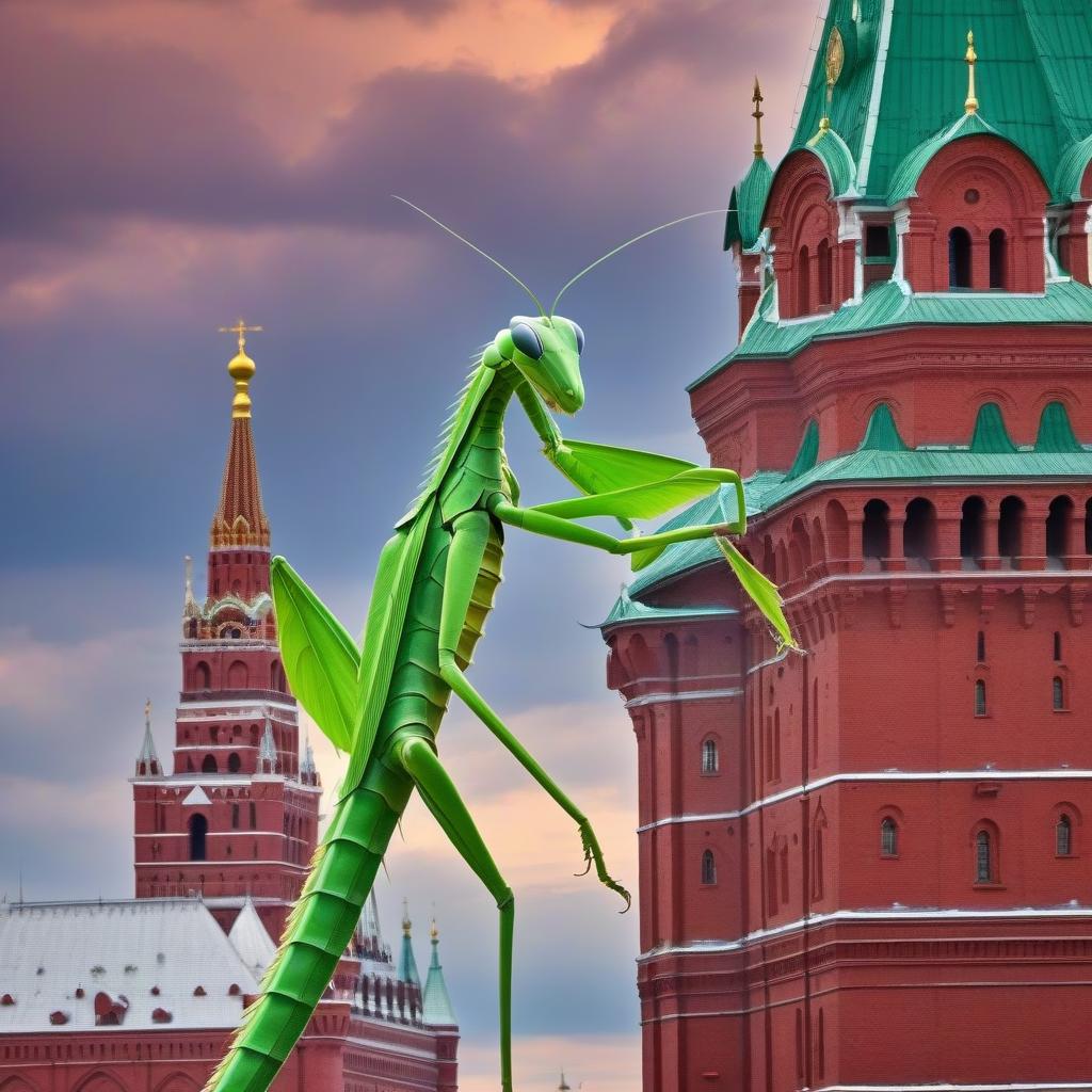  The green mantis climbs the Spasskaya Tower of the Kremlin