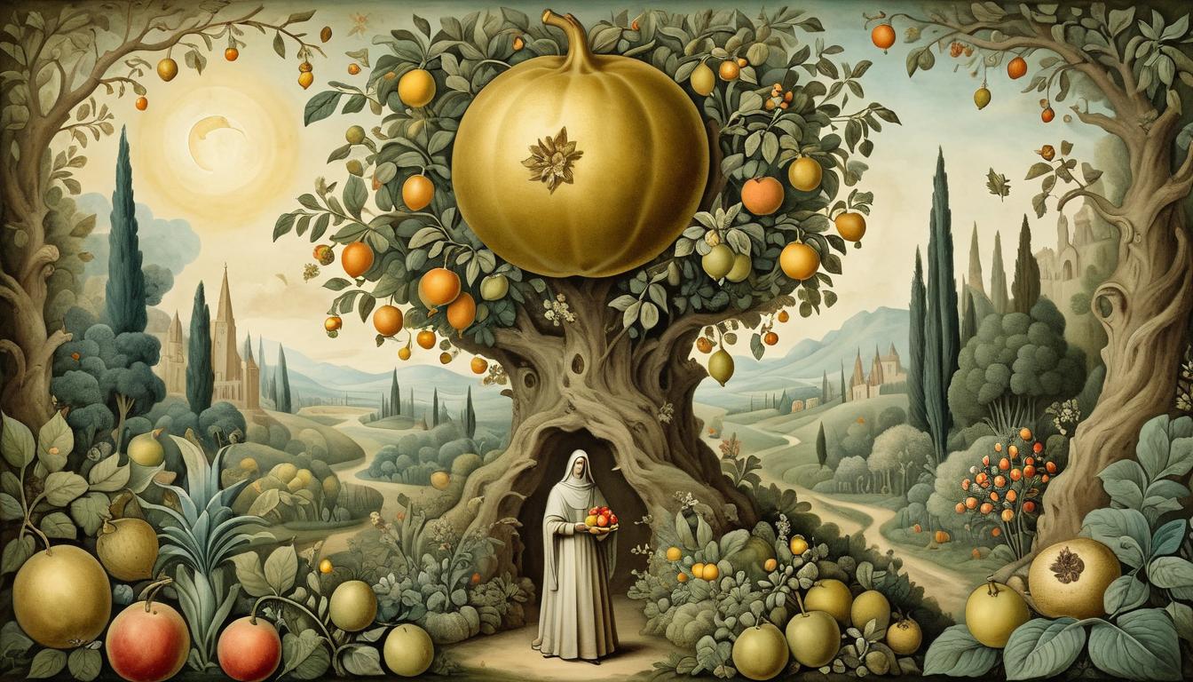  on parchment, surrealism+++, a figure holding a golden fruit, standing in a lush, blooming garden, fruits of resilience(mysterious, provocative, symbolic,muted color)+++