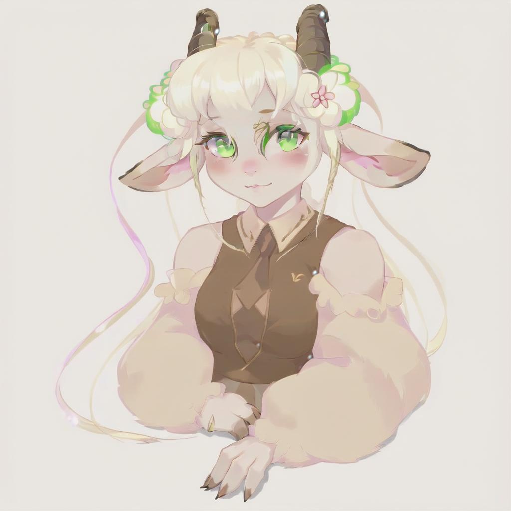  anthropomorphic goat, blonde, long hair, curls, bangs, dressed in fairy core style, green eyes. a picture is an avatar for vitubing, neutral color background, pink blush