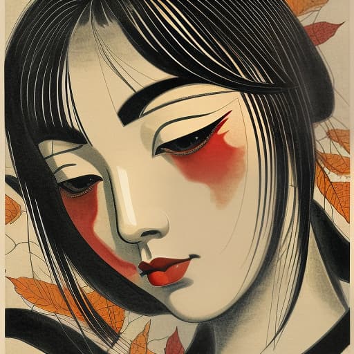  art deco, the face of a japanese girl close up, transparent, take her strokes, blots, autumn ocher leaves, clouds, dark tones, streams from rain, ancient ink drawing, the futility of being and loneliness