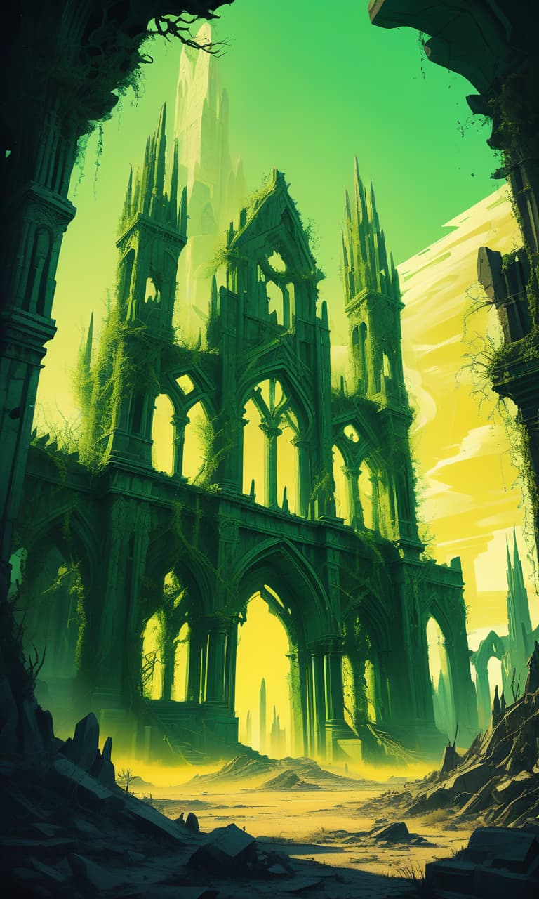  gothic style ancient ruins. the ruins wrap thick vines of green color. yellow sky. big crystals. heartbeat. desert. synthwave art . dark, mysterious, haunting, dramatic, ornate, detailed