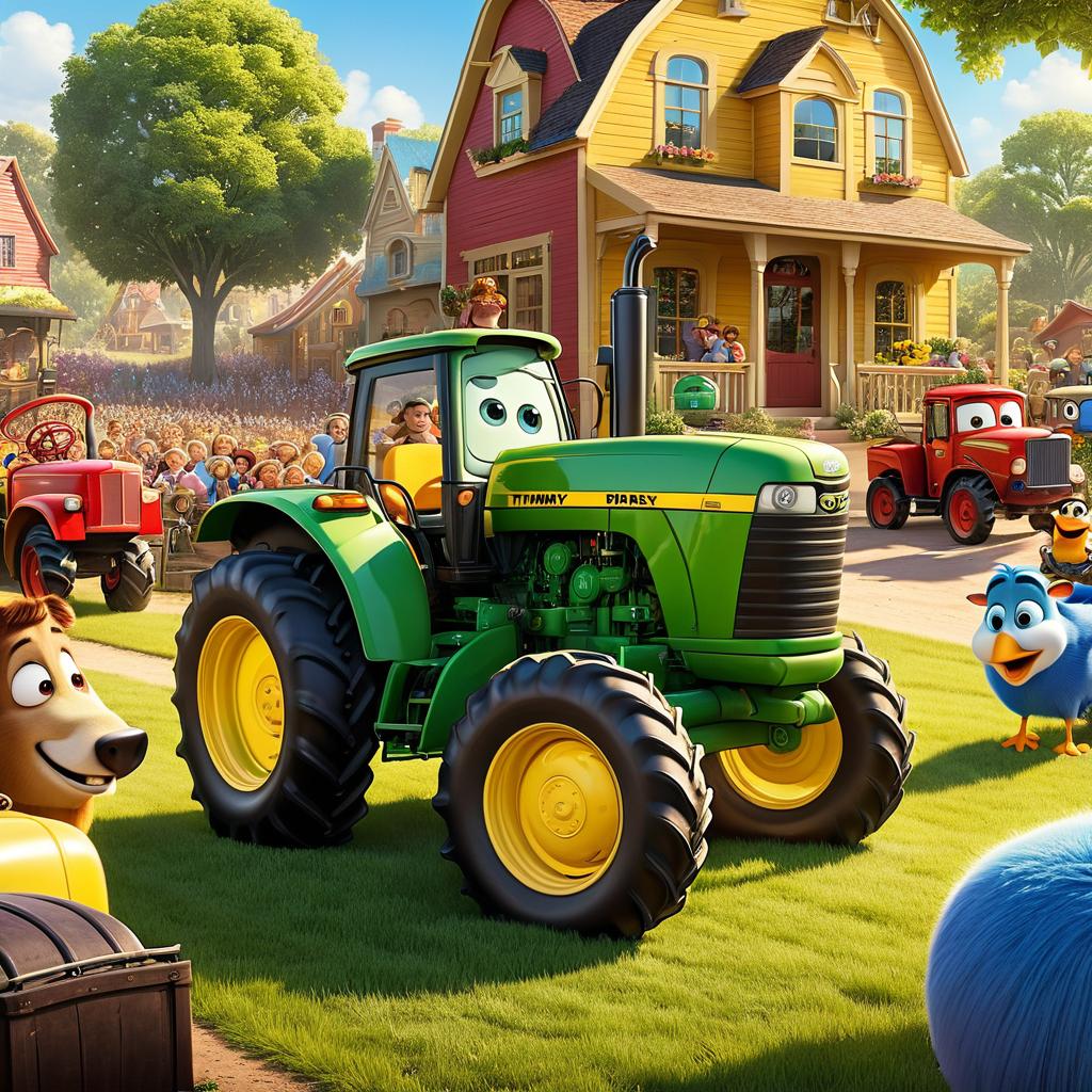  in 3d animated movie style. disney pixar style. timmy the tractor, magical and humorous, with a bright yellow body, joining a group on a sunny day scene with a rumbling motor. high resolution pixar 3d animated film style with detailed rendering, bright and cheerful colors under soft sunlight. medium shot focusing on timmy gleaming in sunlight, surrounded by other story characters.