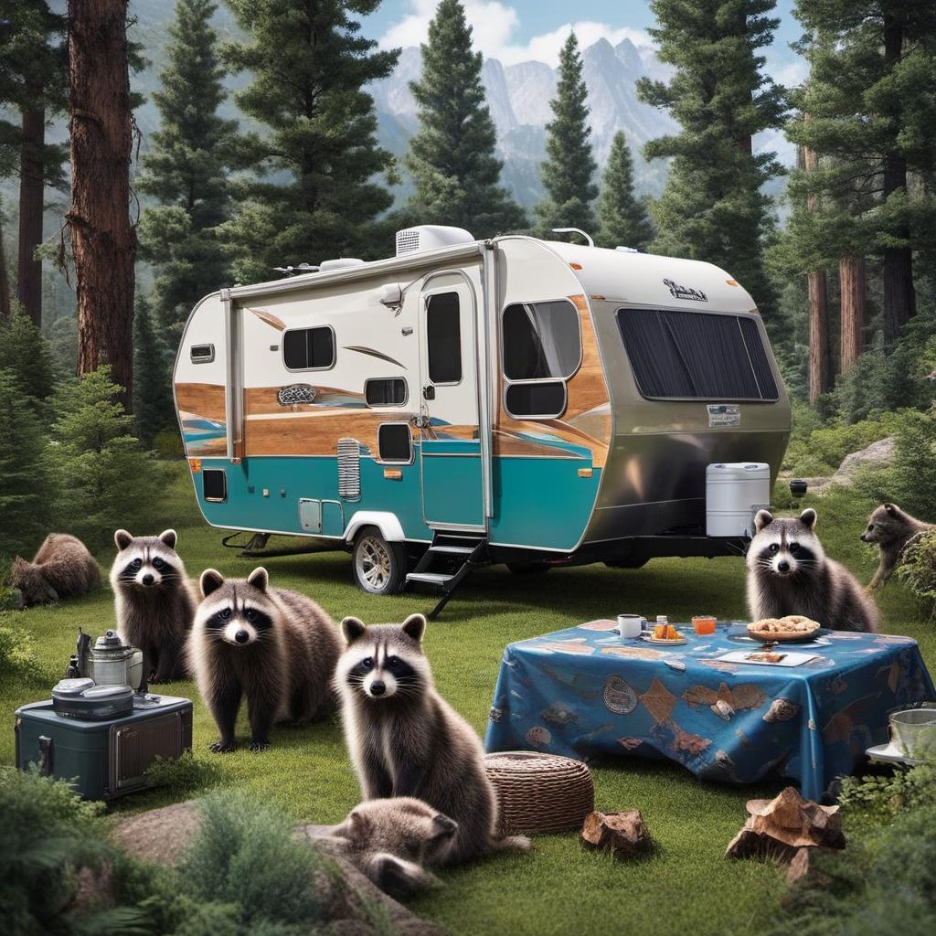  travel trailer surrounded by raccoons and bears, profile image style