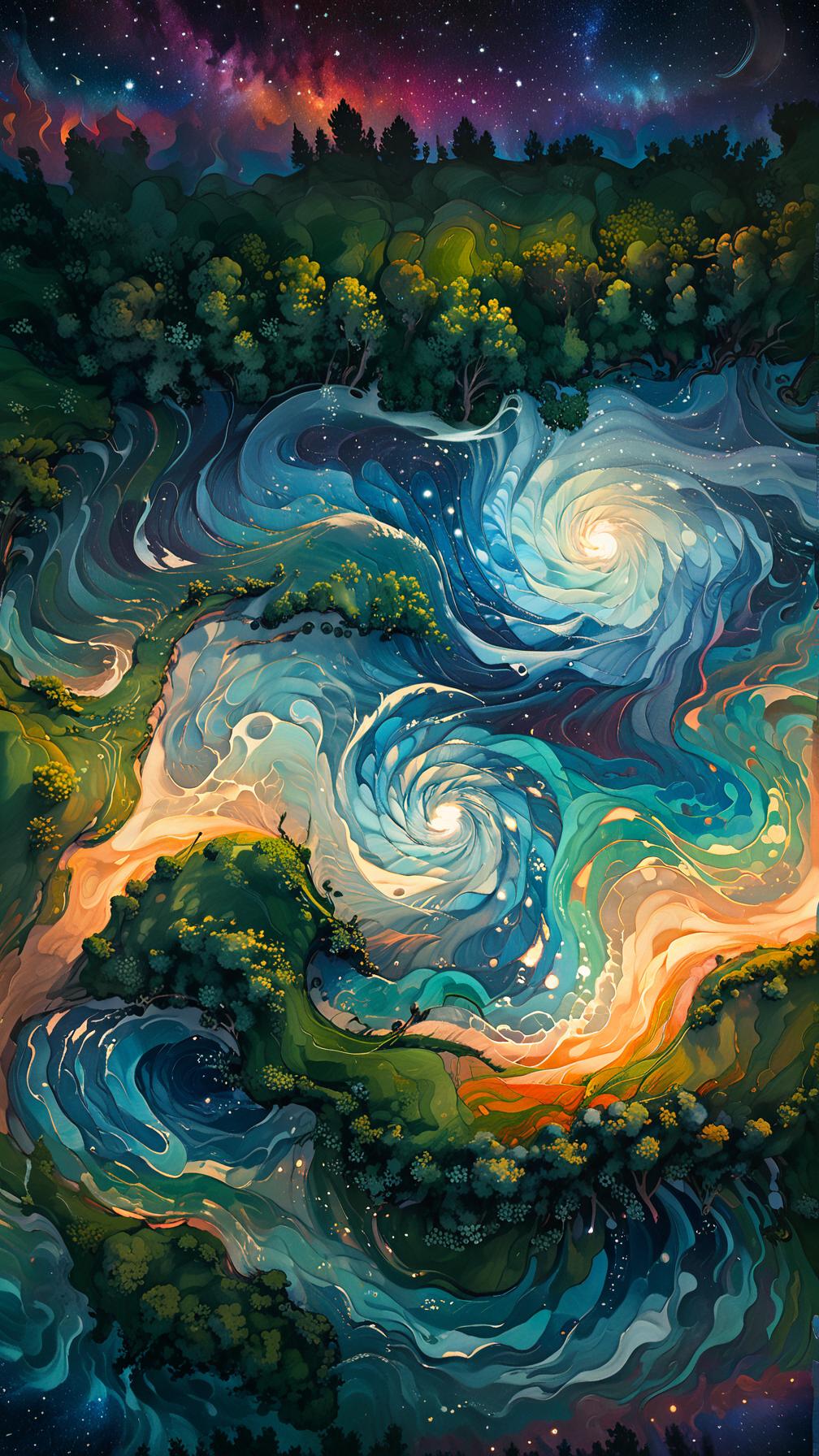  starry night, swirling patterns, vibrant colors, dramatic perspective, post impressionism, textured surfaces, detailed shadows, surrealism, cosmic inspiration, high resolution, vivid colors, swirling stars, surreal atmosphere, dreamlike quality, ee 70mm lens, overhead view., award winning, professional, highly detailed, masterpiece