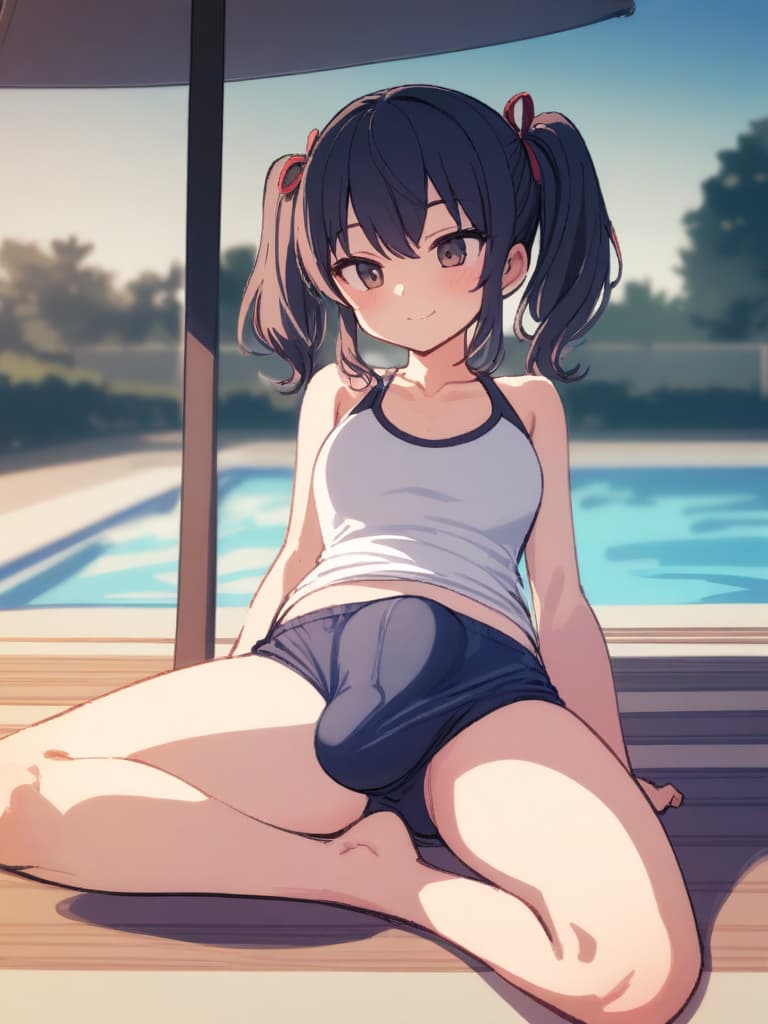  women's elementary students (male), twin tails, cute smiles, rich s, low stature, dark blue swimwear, old swimwear, , simple, , (bulge), male (bulging), front, whole body, pool side,