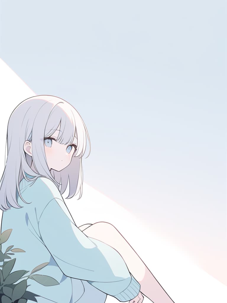  "a soft and tranquil illustration of a girl with short,pastel colored hair sitting quietly. she is wearing an oversized,light blue sweater that ds loosely over her small frame. the background is minimalist,with a muted blue tone,and a potted plant is placed beside her,adding a touch of greenery to the scene. the girl's expression is calm but slightly melancholic,with a subtle look of contemplation. the art style is clean and delicate,with thin lines and soft shading,giving the image a serene and introspective mood."