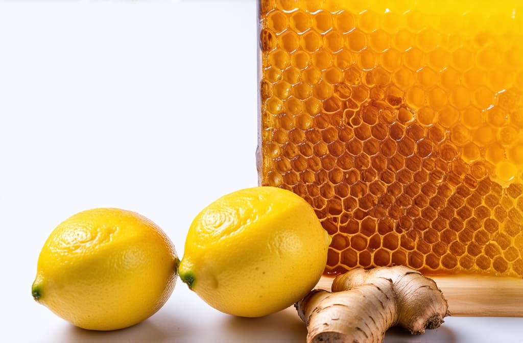  professional detailed photography, honey in honeycomb with lemon and ginger isolated on white background, stock photo, highly detailed image ar 3:2, (muted colors, dim colors, soothing tones), (vsco:0.3)