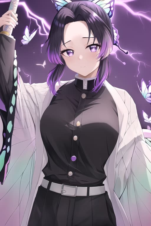  masterpiece, best quality, kochou shinobu, multicolored hair, no bangs, hair intakes, purple eyes, forehead, black shirt, black pants, haori, butterfly, buttons, belt,stylish women, hot, cinematic lightning, medium shot, masterpiece, best quality, high quality, solo