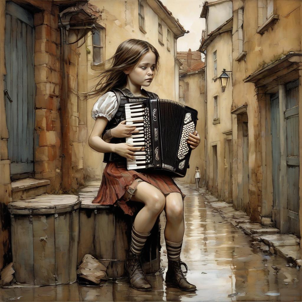  girl playing accordion, splash of art. erin hanson, louis jover and jean baptiste monge style. digital image, charming composition, greg rutkowski