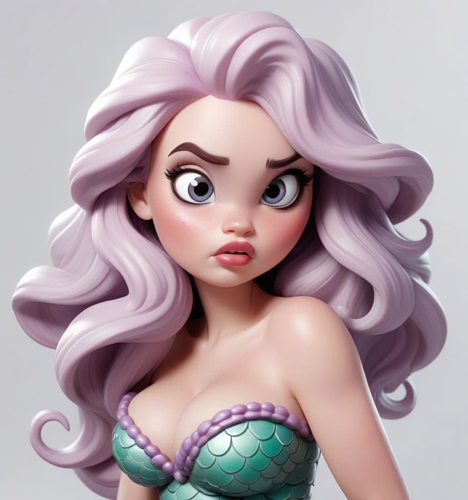  little mermaid, siren. nice face, plump cheeks, plump lips, big eyes. lira in hand. white background.