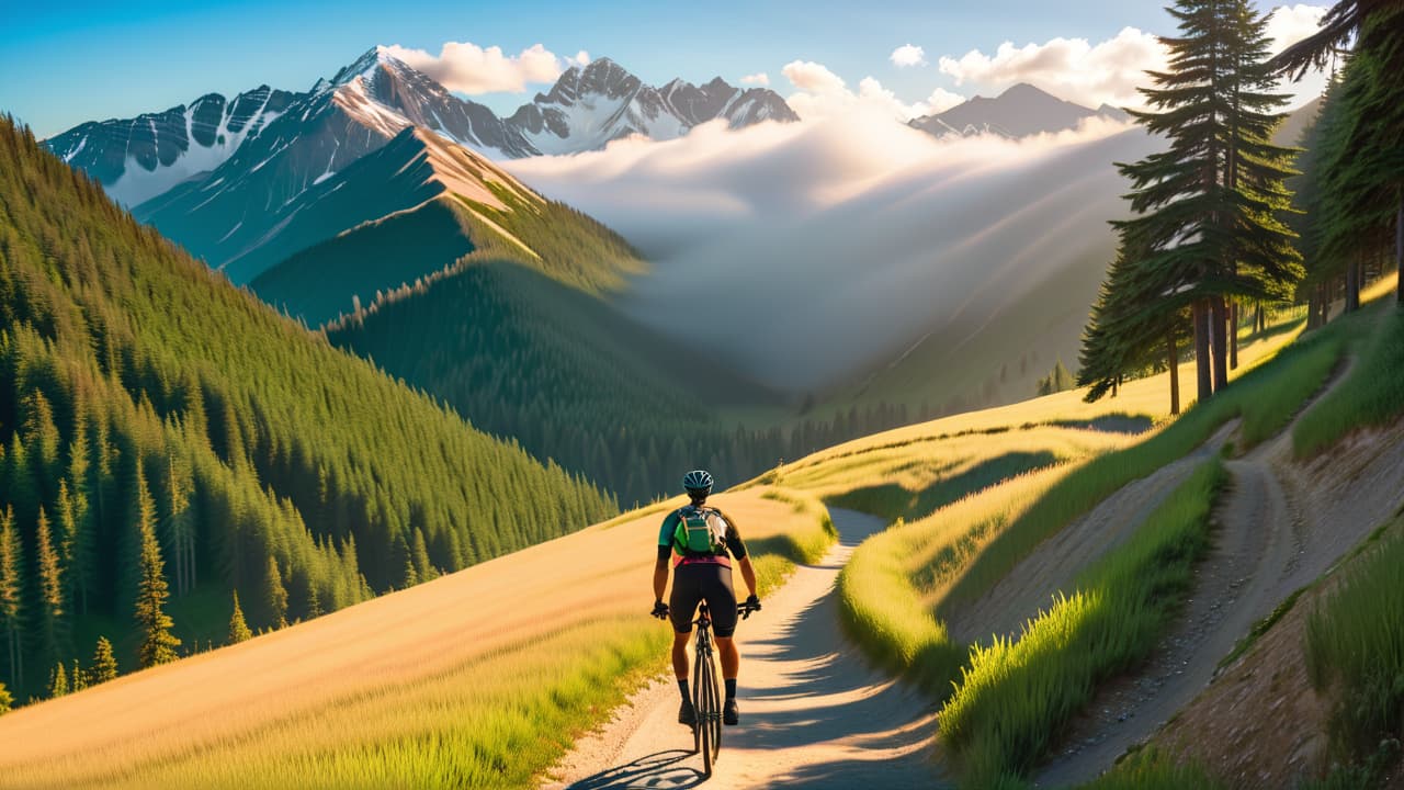  a vibrant mountain landscape featuring winding trails, lush green forests, rocky terrains, and cyclists navigating steep hills under a bright blue sky, capturing the thrill of mountain biking in a breathtaking natural setting. hyperrealistic, full body, detailed clothing, highly detailed, cinematic lighting, stunningly beautiful, intricate, sharp focus, f/1. 8, 85mm, (centered image composition), (professionally color graded), ((bright soft diffused light)), volumetric fog, trending on instagram, trending on tumblr, HDR 4K, 8K