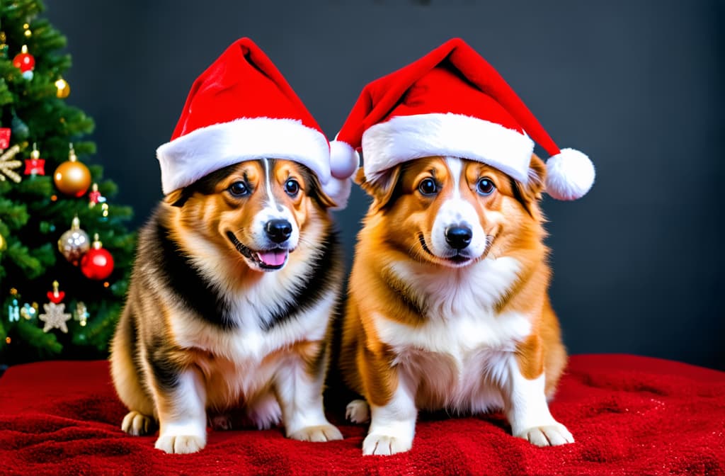  professional detailed photography, couple cute corgi puppy dogs in santa hat. winter holiday and merry christmas celebration ar 3:2, (muted colors, dim colors, soothing tones), (vsco:0.3)