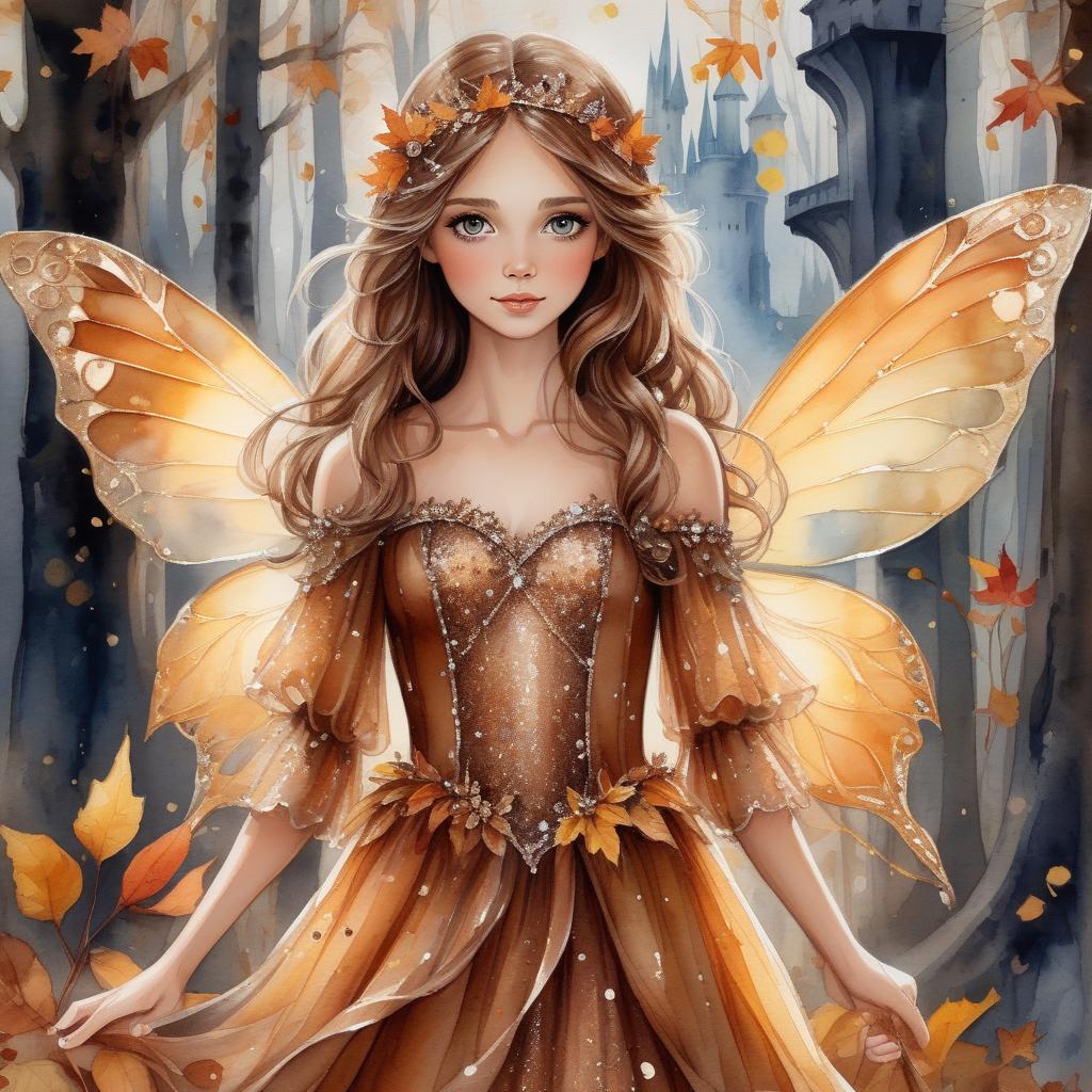  watercolor painting (watercolor 1.4) (full height 1.4) autumn fairy, a lovely fairy princess with brown hair in the autumn forest. dress of silver brown fabric with sequins, background (fairy tale castle, 1.4) . vibrant, beautiful, painterly, detailed, textural, artistic, hkmagic