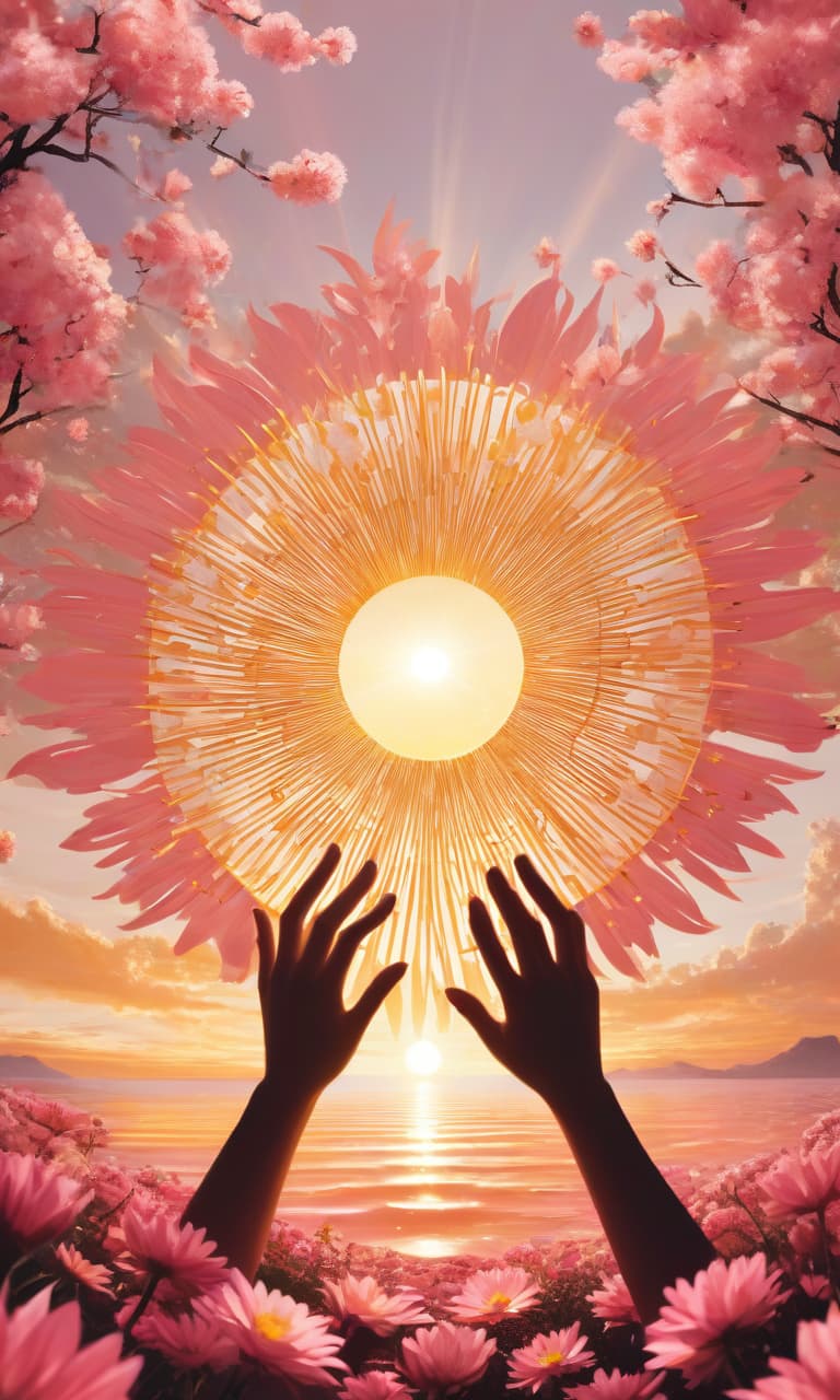  concept art color pink, white, black, gold huge sun in the hands of cleopatra, sunset, sea of flowers, very large sun with rays . digital artwork, illustrative, painterly, matte painting, highly detailed, perfect hands