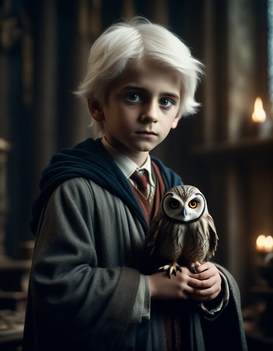  cinematic film still a little boy apprentice at hogwarts with an owl. a boy of slavic appearance with white hair . shallow depth of field, vignette, highly detailed, high budget, bokeh, cinemascope, moody, epic, gorgeous, film grain, grainy