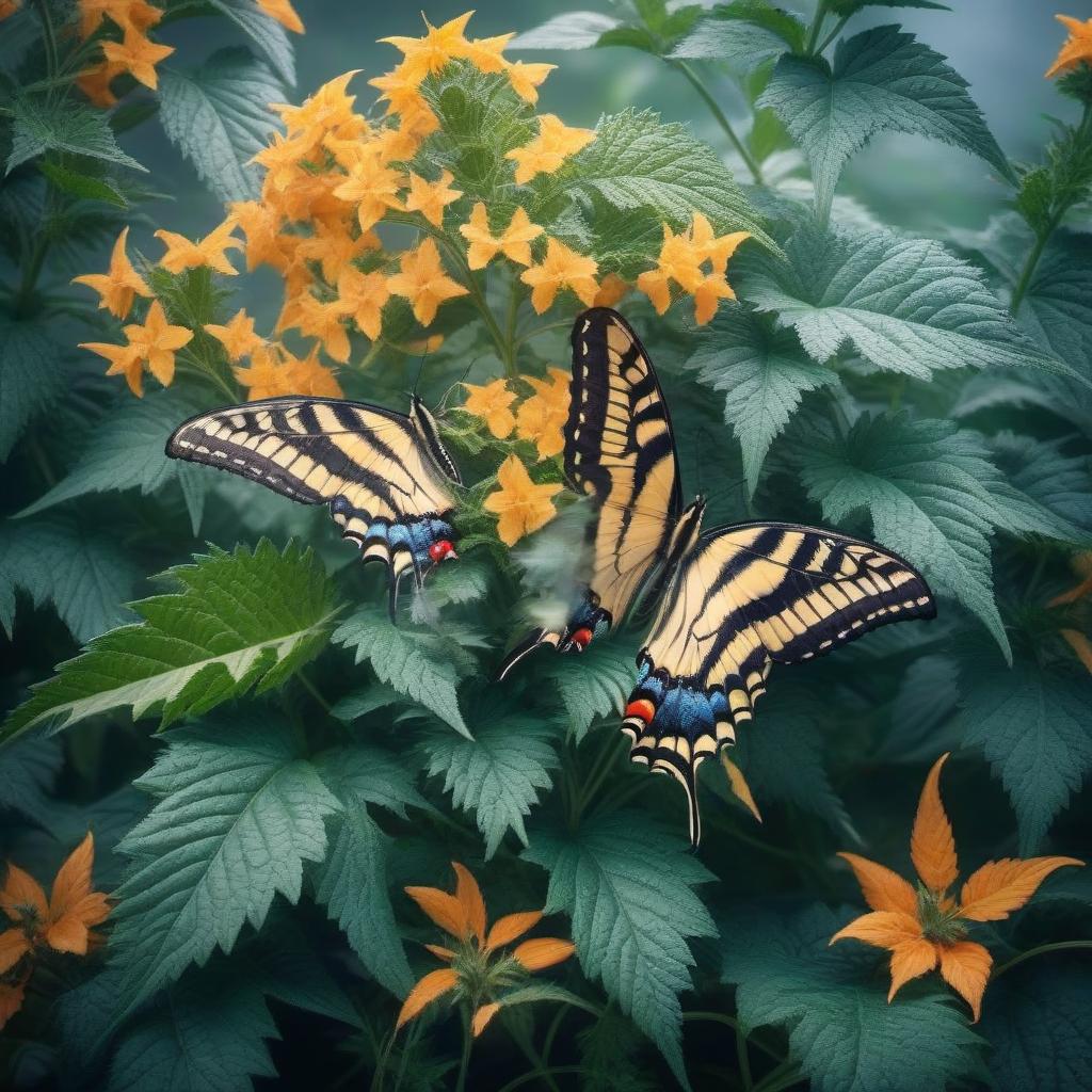  Beautiful swallowtail butterfly on nettles hyperrealistic, full body, detailed clothing, highly detailed, cinematic lighting, stunningly beautiful, intricate, sharp focus, f/1. 8, 85mm, (centered image composition), (professionally color graded), ((bright soft diffused light)), volumetric fog, trending on instagram, trending on tumblr, HDR 4K, 8K