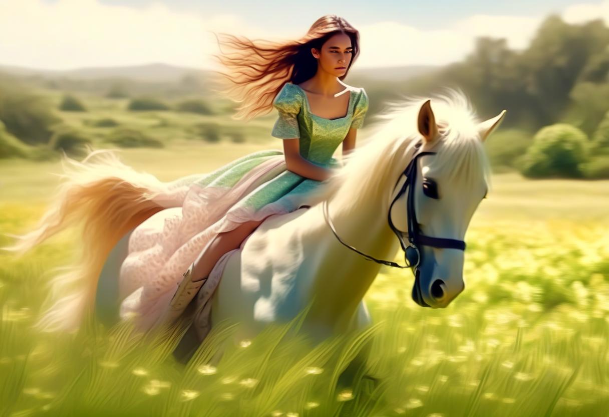  concept art a girl rides a horse in a lush dress across the field . digital artwork, illustrative, painterly, matte painting, highly detailed, perfecteyes, perfect hands, oil painting