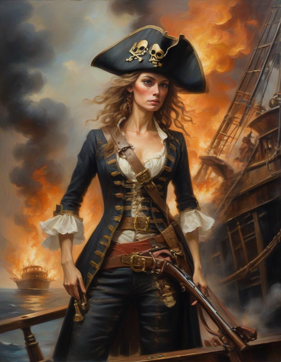  oil painting, rough, textural, broad brush strokes, portrait of a stunning pirate woman, tricorne hat, banadna, holding flintlock musket, standing on deck of burning ship,