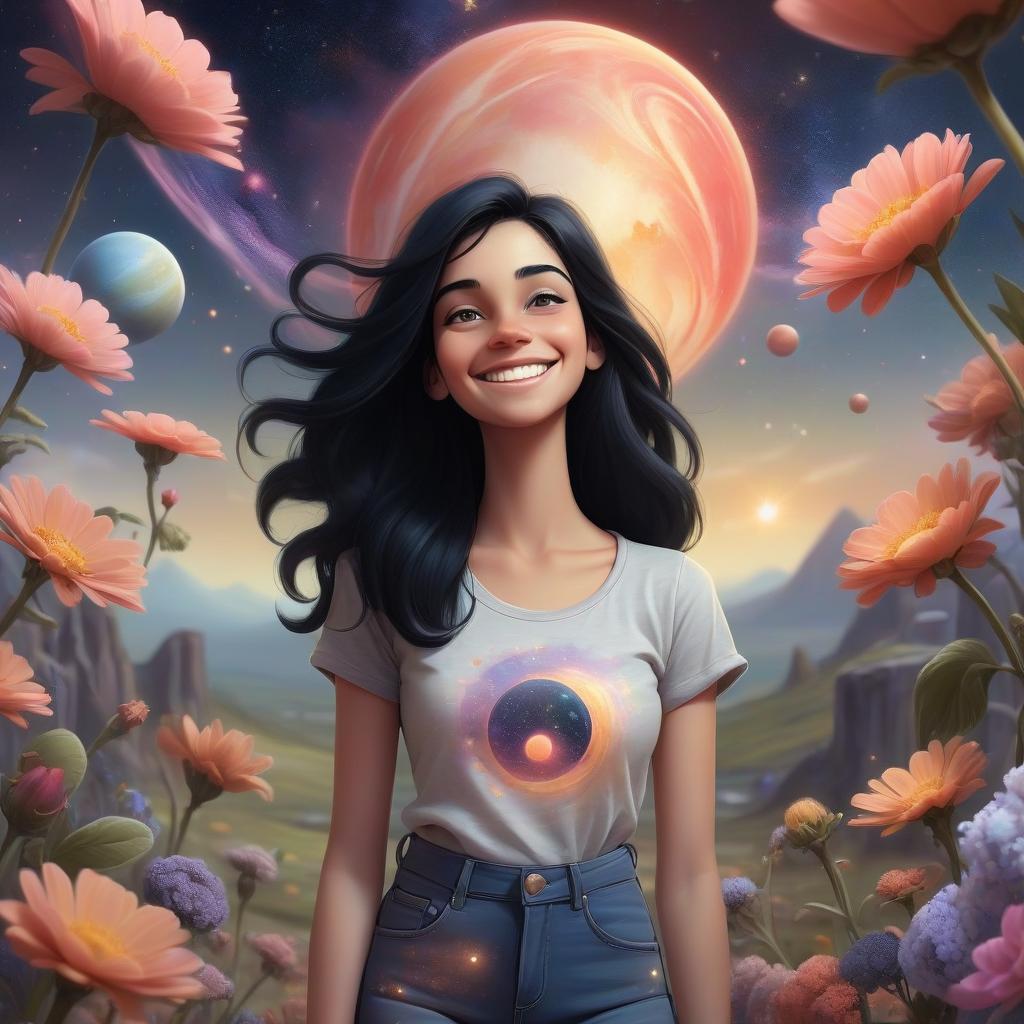  ethereal fantasy concept art of a smiling girl in jeans and a t shirt with black hair. she stands in full growth near a beautiful location and photographes on camera videos for her blog on the background of a cosmic theme with flowers planets stars galaxy and universe . magnificent, celestial, ethereal, painterly, epic, majestic, magical, fantasy art, cover art, dreamy