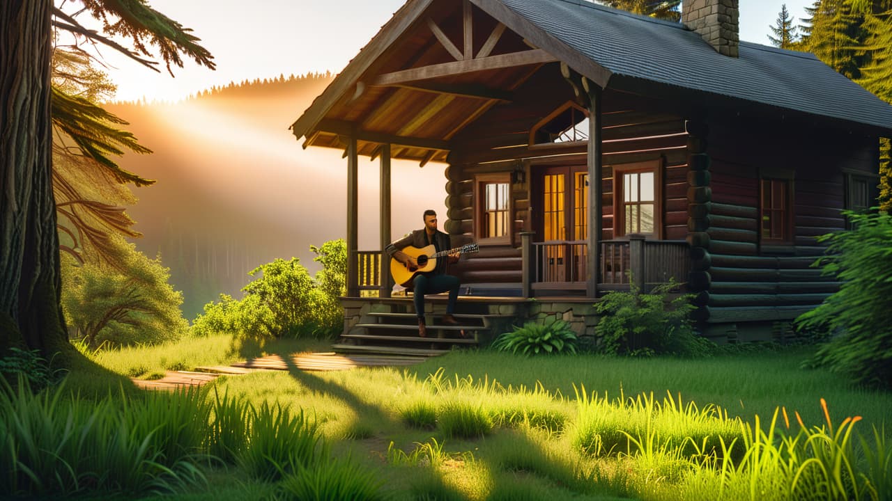  a rustic wooden cabin surrounded by lush green forests, with an open window revealing a musician playing a guitar, sheets of handwritten music scattered on a table, and a warm glow of sunset light filtering in. hyperrealistic, full body, detailed clothing, highly detailed, cinematic lighting, stunningly beautiful, intricate, sharp focus, f/1. 8, 85mm, (centered image composition), (professionally color graded), ((bright soft diffused light)), volumetric fog, trending on instagram, trending on tumblr, HDR 4K, 8K