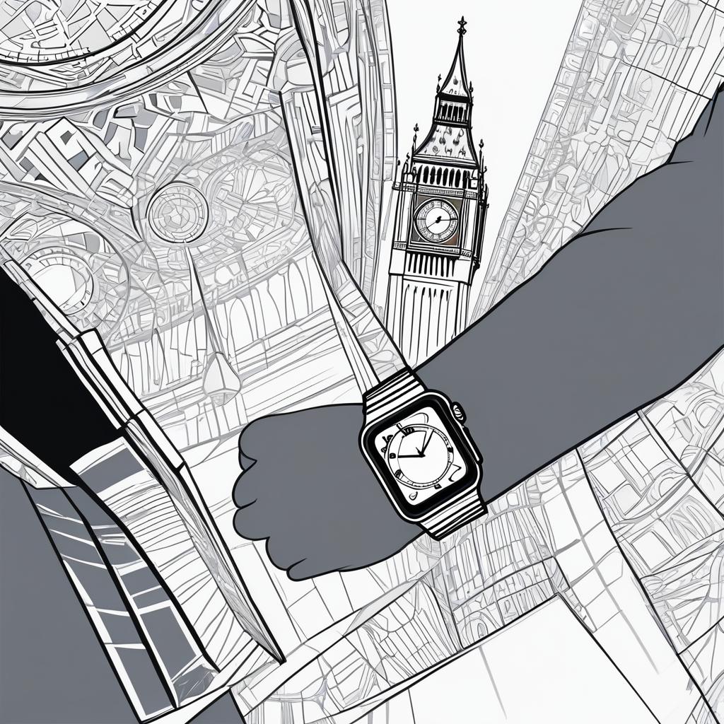  line art drawing the scene is set at big ben with a guy checking his digital watch/ apple watch to check the time in the near distance you see others also checking their phones instead of just looking up at big ben it’s ironic because big ben is a huge clock. make it from the point of view of someone looking down at their watch. professional, sleek, modern, minimalist, graphic, line art, vector graphics