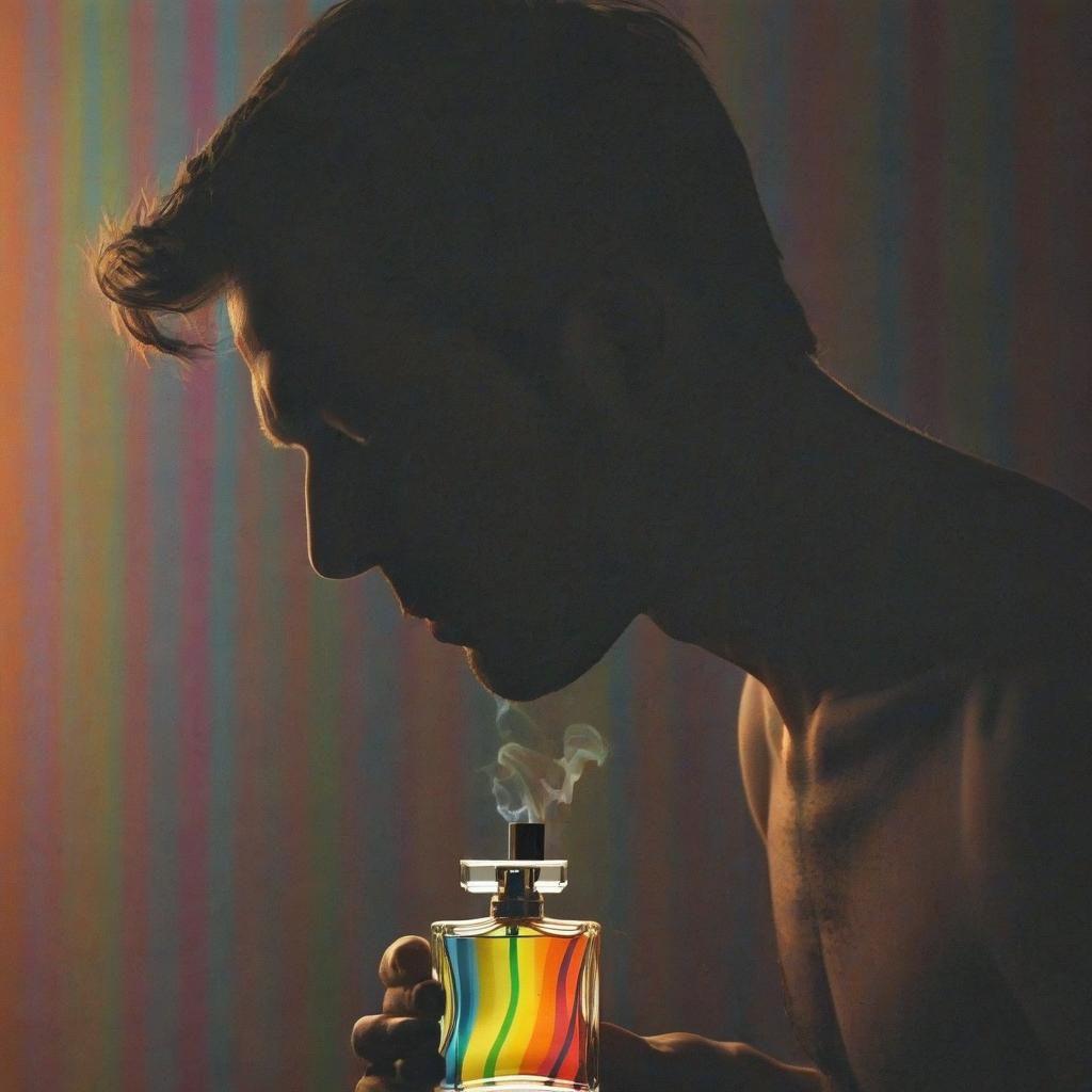  a silhouette of a man with a unique fragrant aura consisting of multi colored lines showing how the perfume reflects individuality. the text reads: “every scent is an expression of your personality. original perfumes create a unique blend with your skin, making you memorable, film photography style