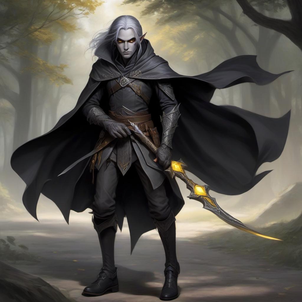  pathfinder, half elf drow, man, dark gray cloak, black shoes, short dark throwing knife in hand, dark gray hair, dark yellow eyes, calm look