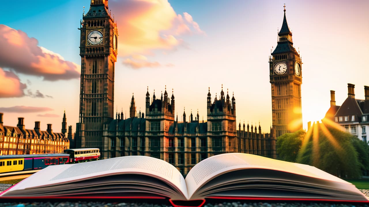  @ image prompt: an open travel book with highlighted sections and notes, set against a backdrop of iconic english landmarks like big ben and the countryside, symbolizing the journey of exploration and discovery in england. hyperrealistic, full body, detailed clothing, highly detailed, cinematic lighting, stunningly beautiful, intricate, sharp focus, f/1. 8, 85mm, (centered image composition), (professionally color graded), ((bright soft diffused light)), volumetric fog, trending on instagram, trending on tumblr, HDR 4K, 8K