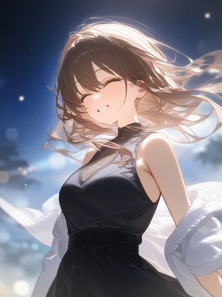  under the starry sky, a girl laughing at me, a bright brown hair, a transparent fleeting, a black sleeveless dress, wearing a white cardigan from the top, the whole body facing the front., masterpiece, best quality,8k,ultra detailed,high resolution,an extremely delicate and beautiful,hyper detail