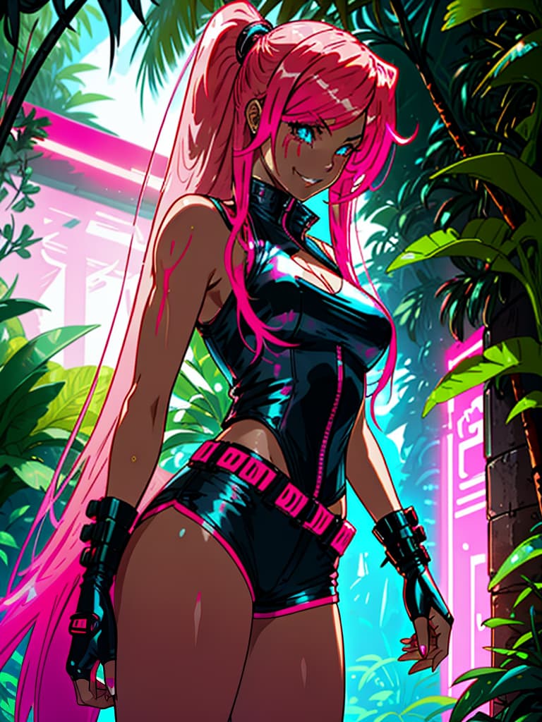  Futuristic female bounty hunter, red flowing, long hair, dressed in skin tight shorts and a sleeveless, leather flack vest; standing in a Columbian jungle outside a large villa...realistic neon pink and bright neon blue, with lots of blood dripping off face, grinning.