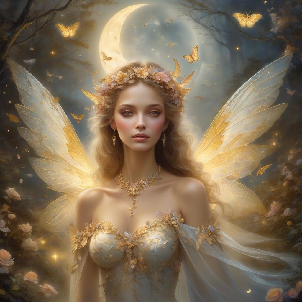  ethereal fantasy. close up portrait. a woman in floral jewelry and delicate, shining fantasy wings, among a swirling, shimmering flock of moths against a soft, moonlit golden woodland landscape. ethereal fantasy super destroyed fog by thomas kinkade