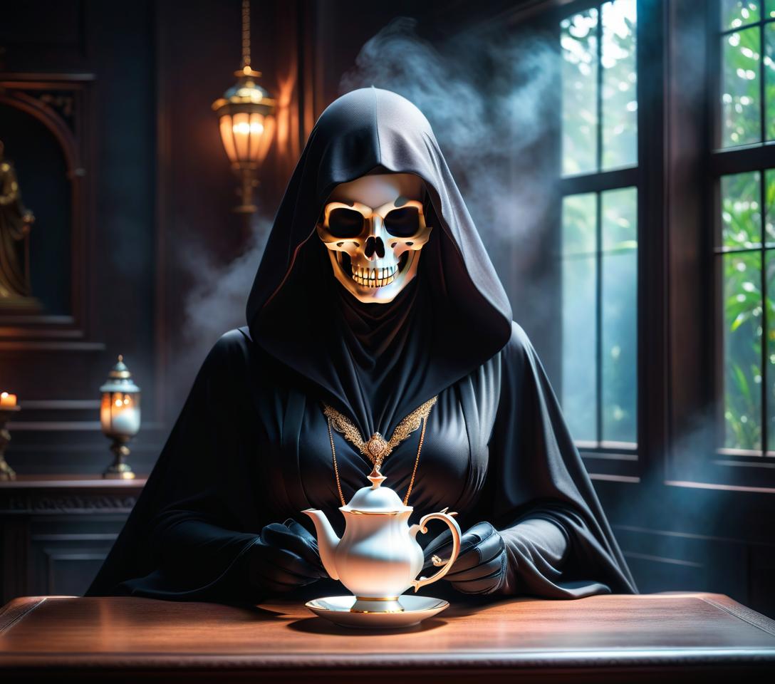  ethereal fantasy concept art of a bone death. a cup of tea. sweets. . magnificent, celestial, ethereal, painterly, epic, majestic, magical, fantasy art, cover art, dreamy, logo hyperrealistic, full body, detailed clothing, highly detailed, cinematic lighting, stunningly beautiful, intricate, sharp focus, f/1. 8, 85mm, (centered image composition), (professionally color graded), ((bright soft diffused light)), volumetric fog, trending on instagram, trending on tumblr, HDR 4K, 8K