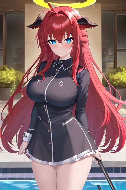  ,,blushing,g cup,,masterpiece, best quality, 1women, long red hair, looking at viewer, :3, cute, black uniform, outdoors, streets, cow shot, curvy, (((blue eyes))), rias gremory, red hair, antenna hair, wavy hair, ((beautiful detailed eyes, beautiful detailed glow, lots of glow)), anime screencap,women at pool, compeion , black , masterpiece, best quality, high quality, solo