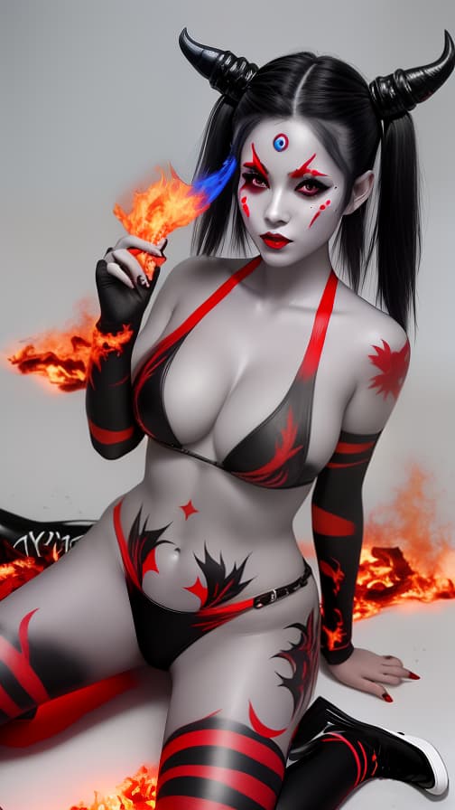  Black and red flame pattern body paint in every corner of the whole body, Blue body paint full body, grey face paint on the face, two succubus sisters, full body image 女性