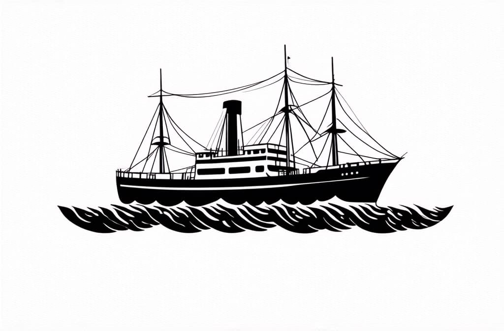  contour, very simple image in one unbroken black ink line, single line of steamship on sea waves, logo on white background ar 3:2 using a single continuous black line ink brushon white background, drawing should be created without lifting the pen, recognizable features of steamship on sea waves, logo on white background ar 3:2 in one unbroken line