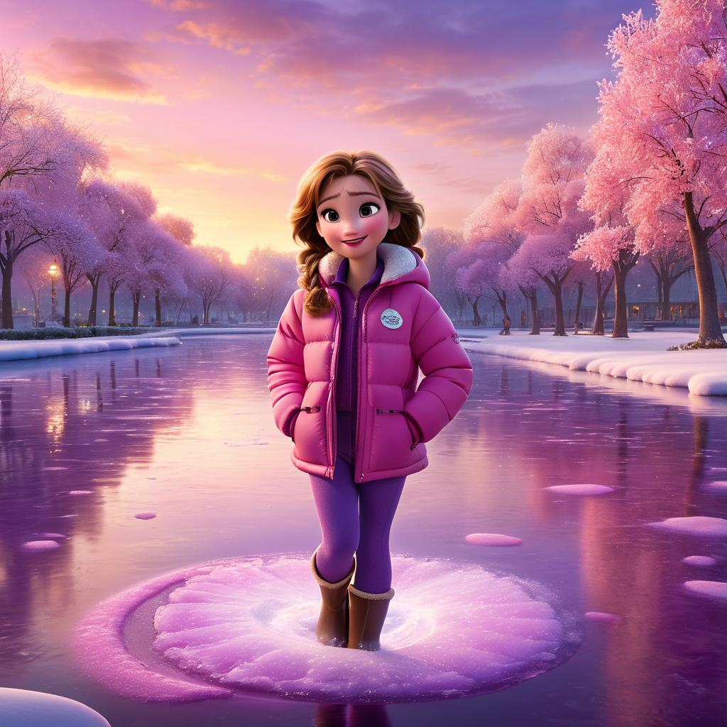  in 3d animated movie style. disney pixar style. paris, a old character, dressed in pink winter jacket and purple snow pants, twirls on a frozen pond. set during sunset, golden light cascades over the scene. high resolution pixar 3d animated film style. color palette: pink, purple, white, gold. soft warm lighting adds a magical touch. camera angle from low perspective highlights paris spinning gracefully.