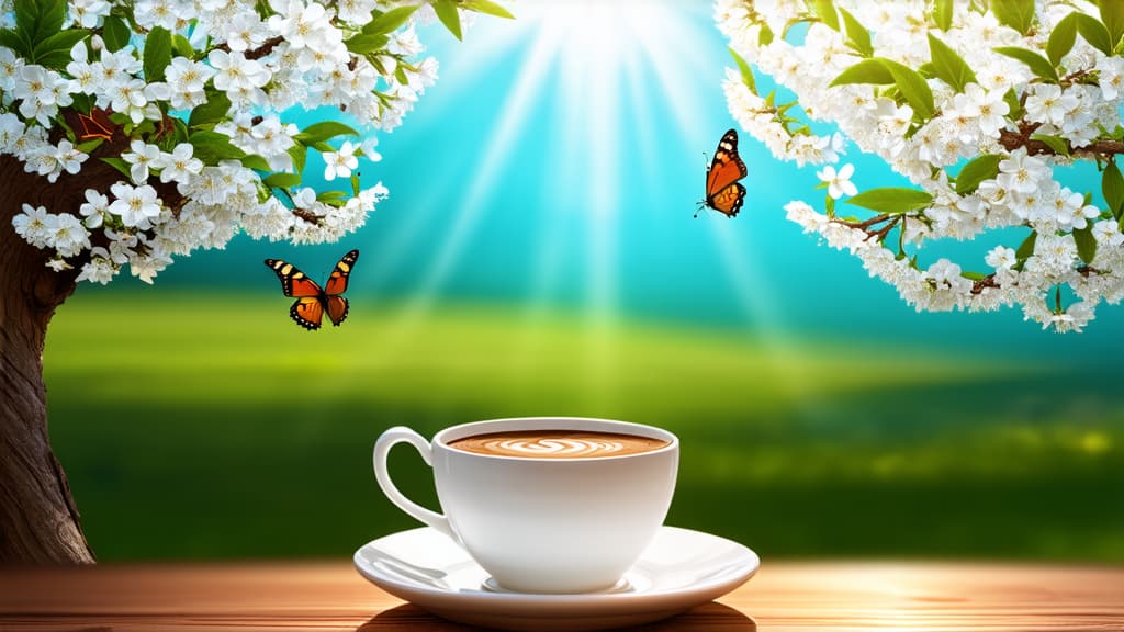  a cup of coffee sitting on top of a wooden table, romanticism, butterflies are circling, almond blossom, outstanding image, green and brown tones, jasmine, cherry blosom trees, morning threads of sun rays, background image, brown and cyan color scheme, white ar 16:9 {prompt}, maximum details